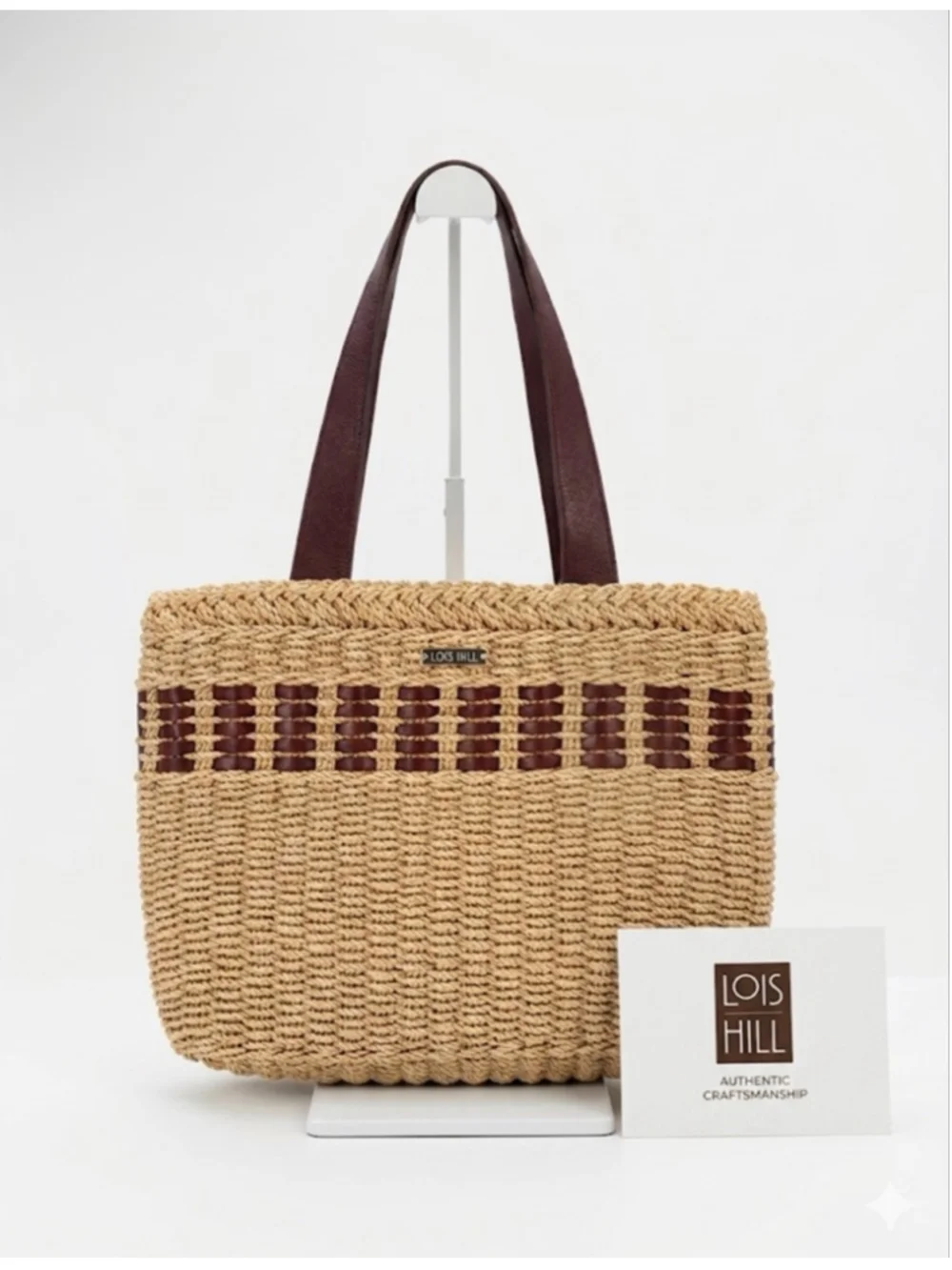 Lois Hill Beige Brown Woven Straw Leather Tote Bag One Size